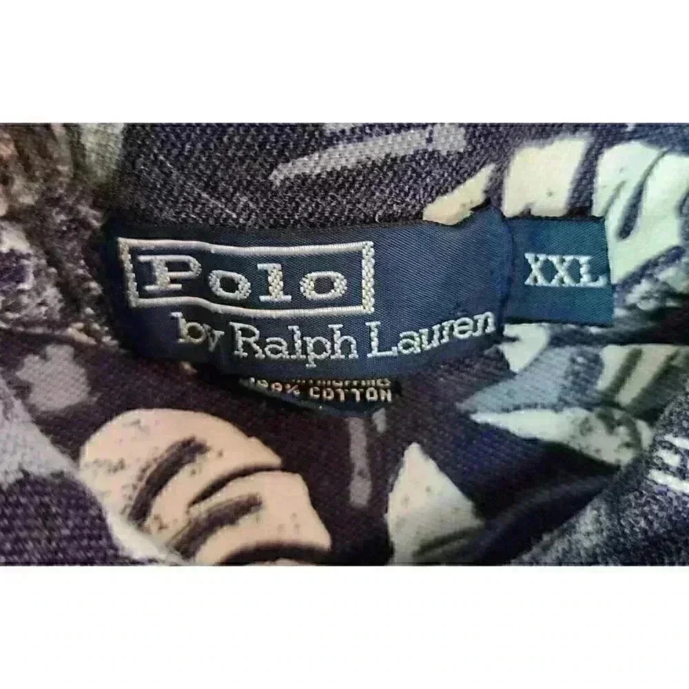 Size XXL Polo Ralph Lauren Navy Blue Tropical Floral Polo Shirt Monstera - Picture 3 of 4